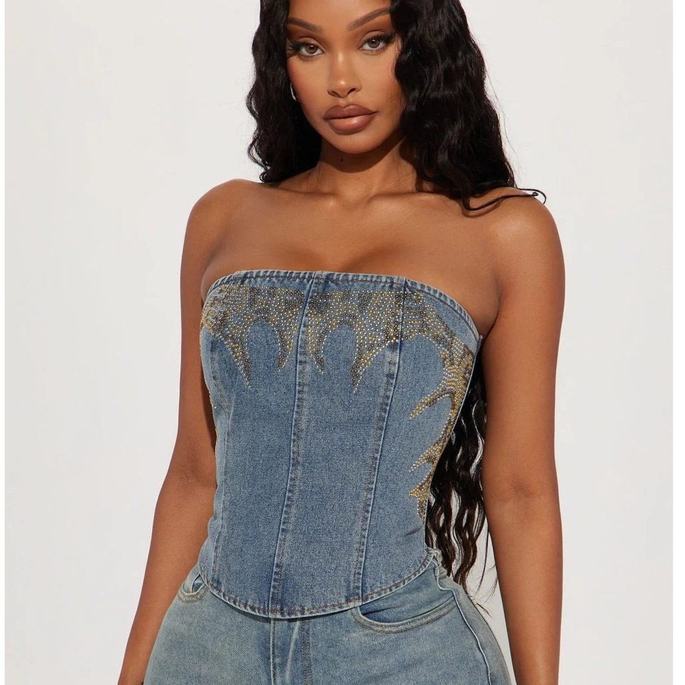 NWT Fashion Nova Wild West Embellished Denim Corset Top Light Western Size 1X